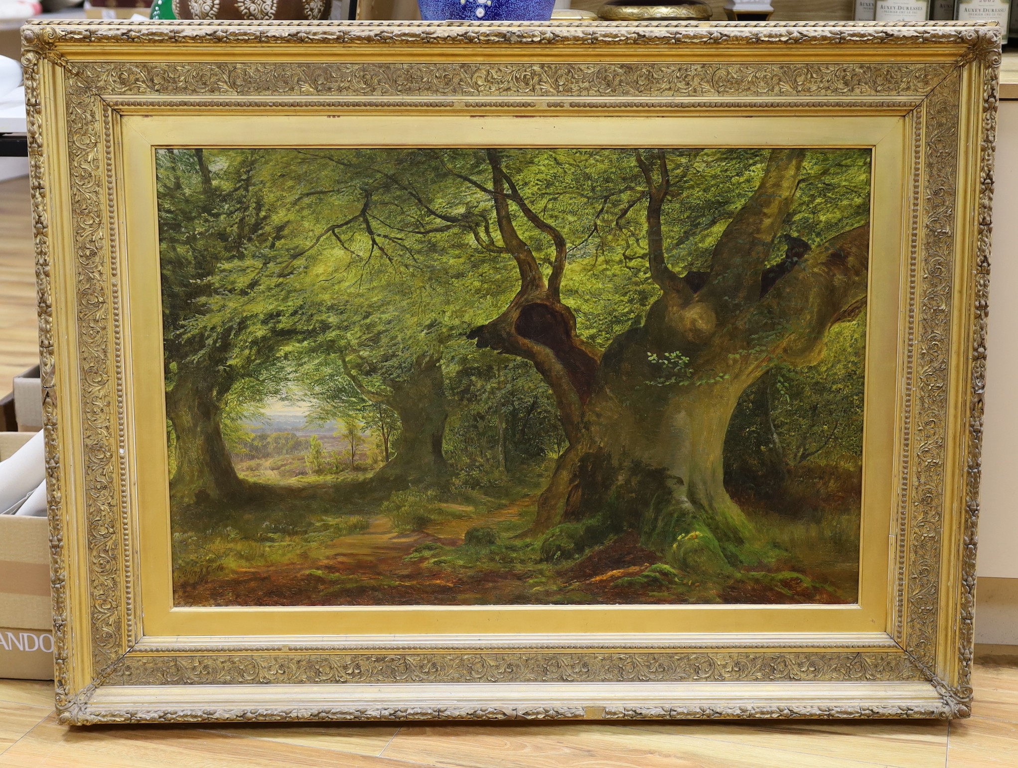 Alfred Benjamin Cole (fl.1867-1883), oil on canvas, 'In The Burnham Beeches', signed and dated 1880, artist label verso,. 60 x 90cm
